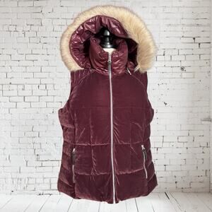 Marc New York Velvet Down Vest in Burgundy Sz 1X Womens Faux Fur Edged Hood